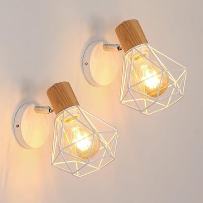 Set van 2 Vintage Industriële Wandlampen met Draaibare Houten Armatuur