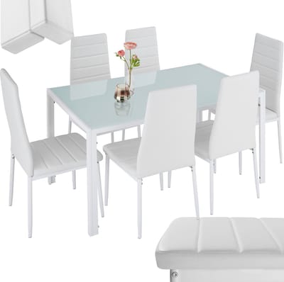 tectake® Eetkamergroep - Eettafel en 6 eetkamerstoelen - Duurzaam kunstleer en robuust tafelblad van veiligheidsglas - Wit/wit