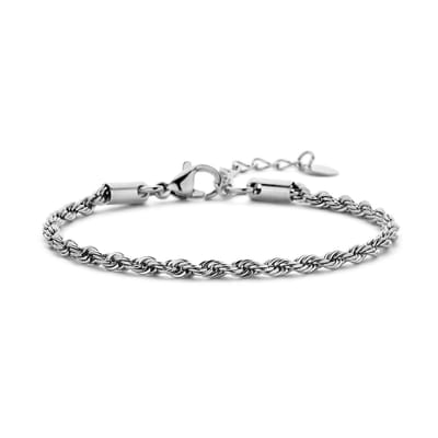 CO88 Collection 8CB-91287 Stalen Armbandje - Schakel Armband - Koord Schakel - 16,5+3cm - 3mm Breed - Staal - Zilverkleurig