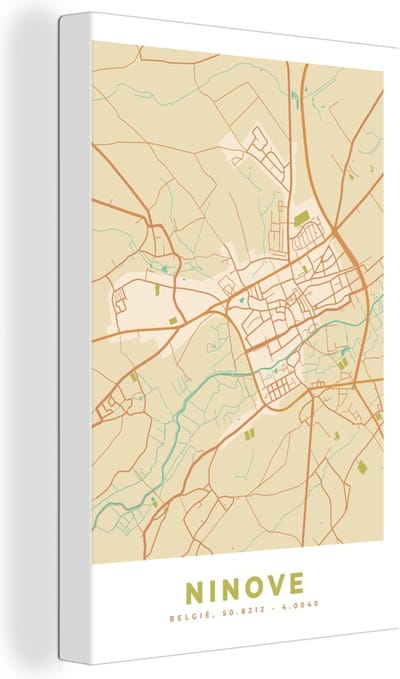 Canvas Schilderij Ninove - Plattegrond - Vintage - Kaart - Stadskaart - 20x30 cm - Wanddecoratie