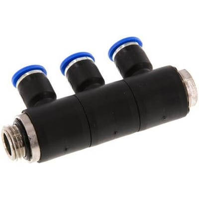 6mm x G1/4'' 3-way Manifold Messing/PA 66 Insteekfitting Buitendraad Draaibaar NBR