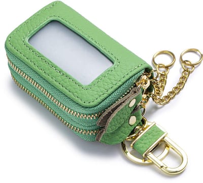 Echt lederen sleuteletui met dubbele ritssluiting - Heuptasje van hoogwaardig rundleer - Unisex - Sleutelhouder - Draagbaar -Autosleutel leren etui - autosleutel unisex leren etui met transparante rits en venster -Avocadogroen