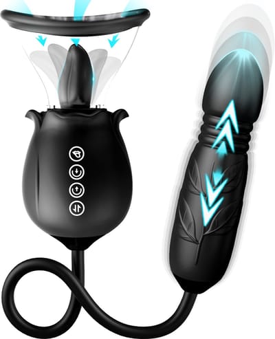 IntiMate® Zonnebloem - Luxe 3 in 1 Zuigende Likkende Stotende Vibrator voor Vrouwen - Dubbele Stimulatie Tong Likken Zuigende Stotende - Uitwisselbare Zuigbekers - Bereikt Alle Hot Spots - Ultiem Nat Plezier