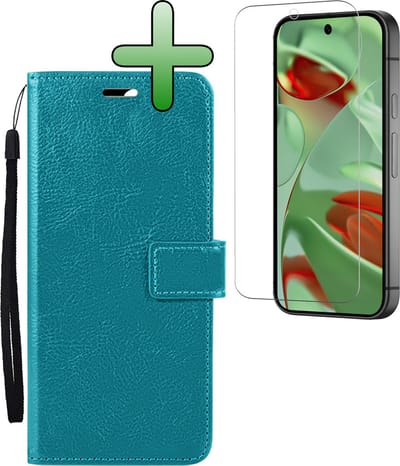 Hoesje Met Screenprotector - Geschikt voor Google Pixel 9 - Luxe Pasjeshouder - Bookcase Portemonee - Flip Case - Kunstleer Book Case - Flipcase - Book Cover - Walletcase - Portemonneehoes - Turquoise