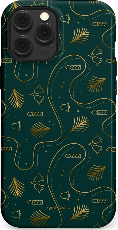 Casetastic hoesje geschikt voor Apple iPhone 12 Pro Max - MagSafe - Dubbellaagse bescherming - Groene kerst bellen en takken - Fashion Case - Donkergroen Donkergrijs Petrol