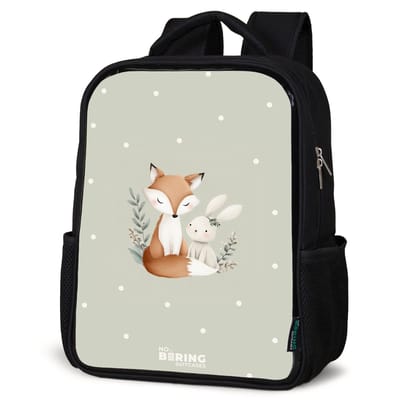 NoBoringSuitcases.com® - Rugzak zwart - Schooltas jongen & meisje - Vos en konijn omringd door groene blaadjes en stippen - Rugtas voor school - Boekentas kind - Schoolrugzak - Kinderrugzak