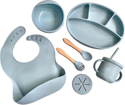 Igoods Babyservies - Kinderservies - Met Placemat - Siliconen - Antislip - 10-delig - Onbreekbaar - Vaatwasserbestendig - Magnetronbestendig - Vriesbestendig - Blauw