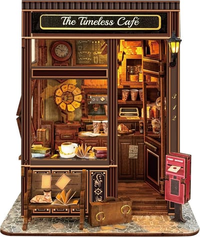 Vintage Café Boekennest Miniatuur Poppenhuis DIY Puzzel met LED-verlichting