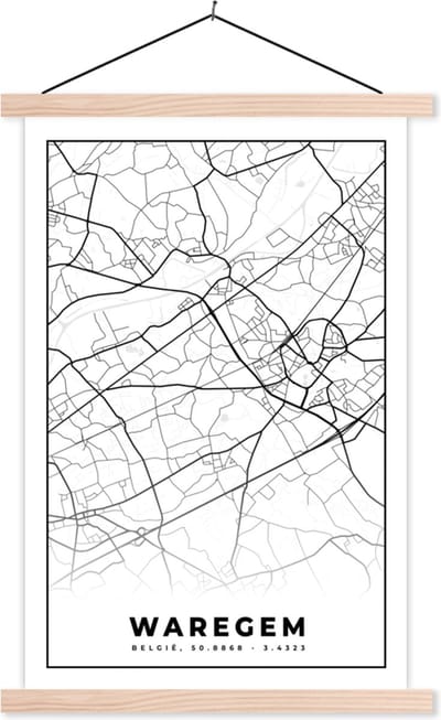 Posterhanger incl. Poster 40x60 cm - Schoolplaat - Zwart Wit – België – Plattegrond – Stadskaart – Kaart – Waregem - Textielposter - Blanke latten - Stadskaart
