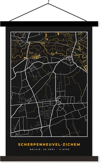 Posterhanger incl. Poster 40x60 cm - Schoolplaat - Scherpenheul-Zichem - Goud - Stadskaart - Plattegrond - Kaart - Textielposter - Zwarte latten - Stadskaart