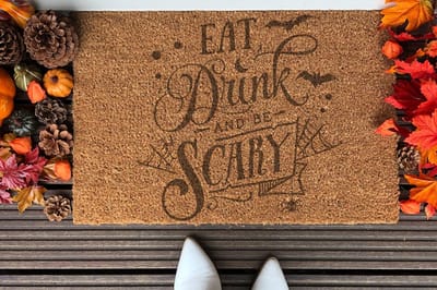 Eat Drink And Be Scary | 60x40 cm | Nieuwe huis cadeau | Ingangsmat | Deurmat met stijl | Verhuizing cadeau | Praktisch & trendy | Perfect voor binnenkomst | Cadeau voor nieuwe woning
