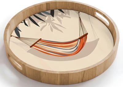 Dienblad rond 40x40 cm - Schootdienblad hout - Hangmat - Kleurrijk - Bladeren - Schaduw - Borrelplank rechthoek - Plateau houten dienbladen
