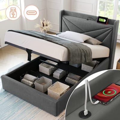 Opbergbed 90x200 cm met opbergruimte opbergvak en USB Type-C-oplader - bed met lattenbodem - in katoen - grijs