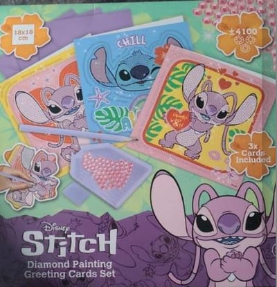 Diamond painting- zelf kaarten maken set - 3x Stitch ( lilo / angel) met enveloppen - wenskaarten - greeting card. 2e serie