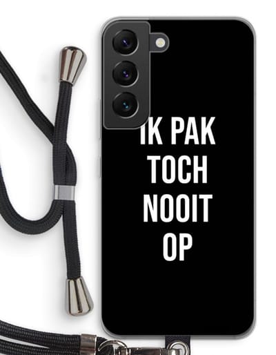Case Company® - Hoesje met koord geschikt voor Samsung Galaxy S22 hoesje met Koord - Ik pak nooit op - Zwart - Telefoonhoesje met Zwart Koord - Bescherming aan alle Kanten en Over de Schermrand