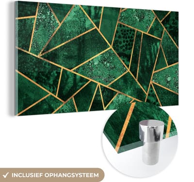 MuchoWow® Glasschilderij 40x20 cm - Schilderij acrylglas - Smaragd - Goud - Abstract - Patronen - Foto op glas - Schilderijen