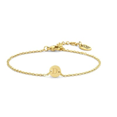 Cadeau voor haar CO88 Collection Alphabet 8CB-90618 Stalen schakel armband - 1,5 mm - bedel rond met letter D - 7mm - 19,5 cm - goudkleurig