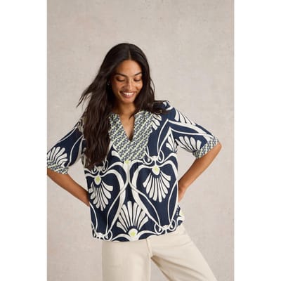 White Stuff Ash Linen Blend Top Navy Print Maat: 6 | Blouses Outlet | Dames | Blauw