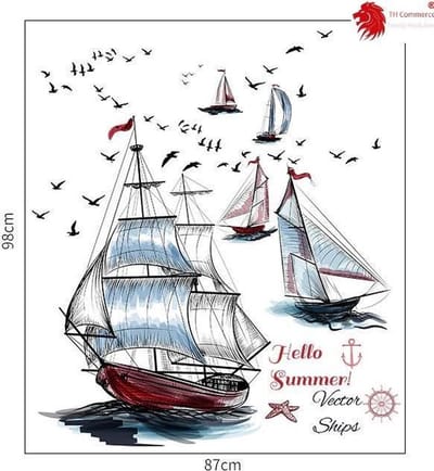 MUURSTICKER  - ZEEVAART - SCHEEPVAART - BOOT - SCHIP  ZEILSCHIP - WANDDECORATIE - SLAAPKAMER - WOONKAMER - TH Commerce® nr 7112