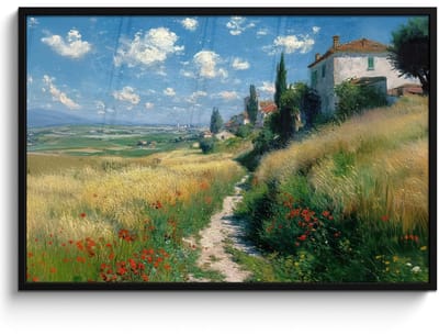 Poster in lijst - Fotolijst 120x80 cm - Posters - Zandpad - Huis - Bomen - Grasveld - Posterlijst zwart - Decoratie - Wanddecoratie woonkamer - Muurdecoratie slaapkamer