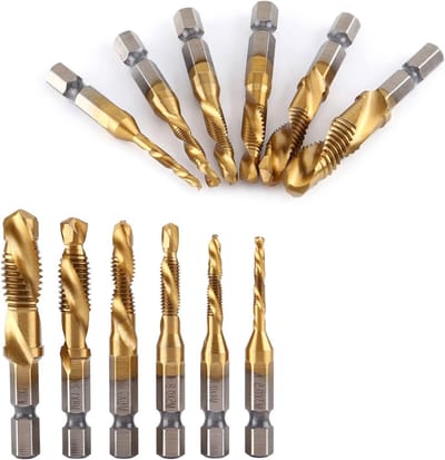 6-delige set HSS boor- en tapbits voor metrische schroefdraad M3 M4 M5 M6 M8 M10 met 1/4 inch hex shank voor precisiewerk en metaalbewerking