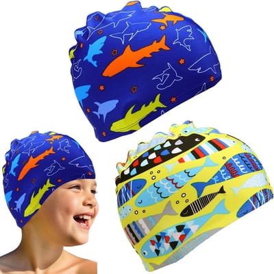 Set van 2 kleurrijke zwemcaps voor kinderen, ideaal voor het zwembad, met schattige cartoonontwerpen en comfortabele pasvorm