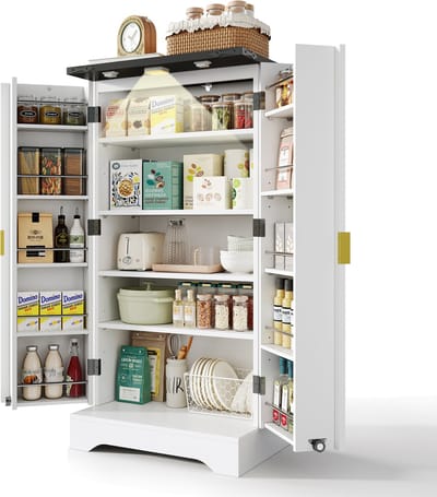 Witte keukenkast met LED verlichting - Moderne opbergkast met kruidenrek en dubbele deuren - Voor keuken en eetkamer - 120x60,5x40 cm