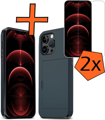 Hoesje Geschikt voor iPhone 14 Pro Hoesje Pasjeshouder Shockproof Hard Case Met 2x Screenprotector - Hoesje Geschikt voor iPhone 14 Pro Hoes Met Kaarthouder - Donkerblauw