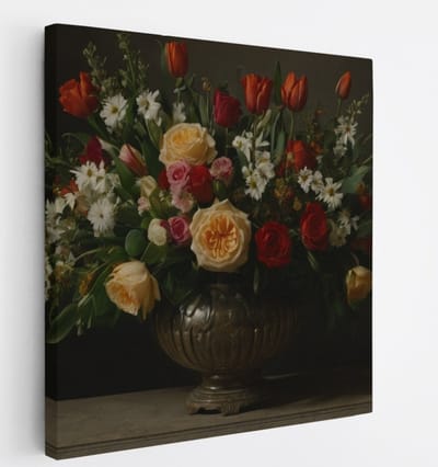 Saammp Canvas Schilderij - Bloemstuk met Rijke Kleuren in Donkere Setting - Natuur - Klassiek - 20x20 - Foto op canvas - Wanddecoratie - Muurdecoratie Woonkamer - Kantoor Decoratie