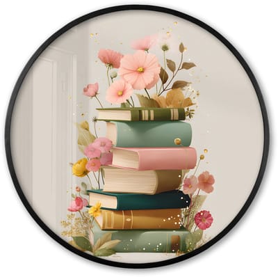 Poster in lijst Rond - Fotolijst 60x60 cm - Posters - Boeken - Stapel - Bloemen - Kleurrijk - Ronde posterlijst zwart - Decoratie - Wanddecoratie woonkamer - Muurdecoratie slaapkamer