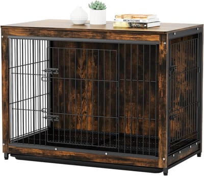 Bingopaw Houten Hondenkrat Meubels - Grote Houten Top Binnenhuis Huisdierkennel Kooien Eindtafel - met Dubbele Deur en Uitneembare Lade voor Middelgrote Honden Puppy Rustiek Bruin - 97.5x59x75cm