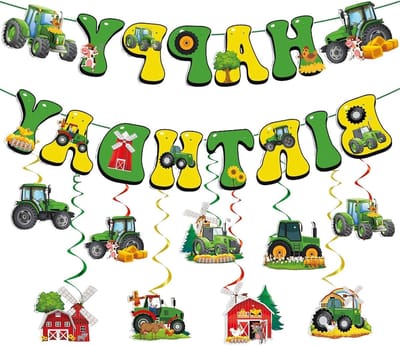 Tractor Verjaardagsdecoratie voor Kinderen - 11 Delige Set met Trekkers, Banner en Slingers voor Boerderij Thema Feest en Jongens Verjaardagsaccessoires