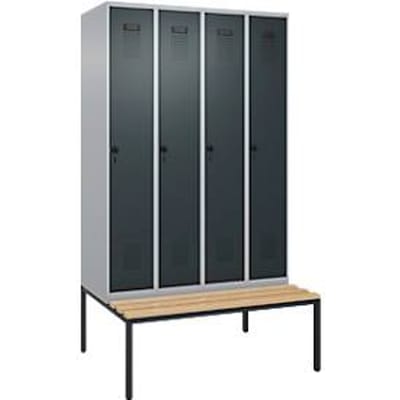C+P Evolo Plus garderobekast, 4 vakken, 300 mm vakbreedte, met bank eronder, B 1200 x D 815 x H 2120 mm, draaischroef, blank aluminium/antracietgrijs