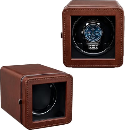 Elegante Horloge Winder met LED Verlichting - Luxe PU Leren Horlogebox, Stille Motor, 4 Rotatiemodi en Ruimte voor 4 Horloges - Bruin