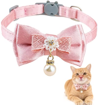 Dailygoods - Verstelbare Kattenhalsband met Veiligheidssluiting, Roze Kattenhalsband met Parel Hanger en Strik, Schattige Kattenhalsband voor Vrouwelijke Katten