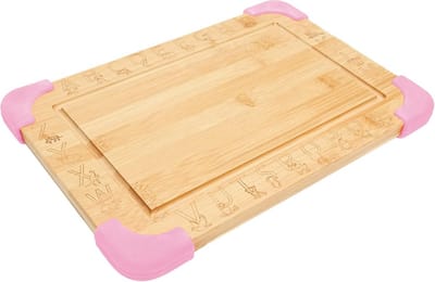 Kinderplankje van bamboe met dierlijk alfabet, antislip en zacht voor elk oppervlak - roze
