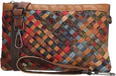 Beagles Multi Leer Crossbodytas - Dames - Geweven Leer - Meerkleurig - 3 Vakken met Rits - Verstelbare en Afneembare Schouderband - Leren Dames Tas - Multi
