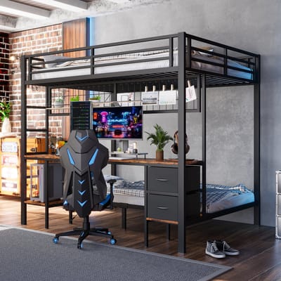 MODFU Hoogslaper 140x200 cm van metaal en MDF – zwart – met bureau, lades, LED-licht en ophangrooster – slim design