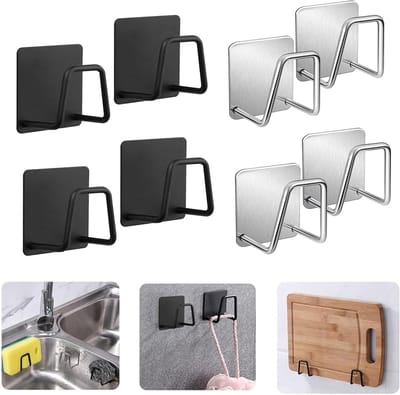 Set van 8 Zelfklevende Sponshouders voor Keuken en Badkamer - Waterdichte Organiser voor Spoelbak, Potdeksel en Wastafel in Zwart en Zilver