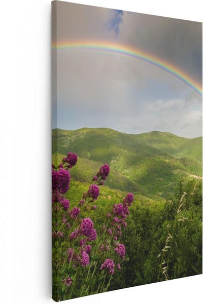 Artaza Canvas Schilderij Landschap - 20x30 cm - Klein - Wanddecoratie Regenboog - Muurdecoratie Bergen - Kamer Accessoires Bloemen