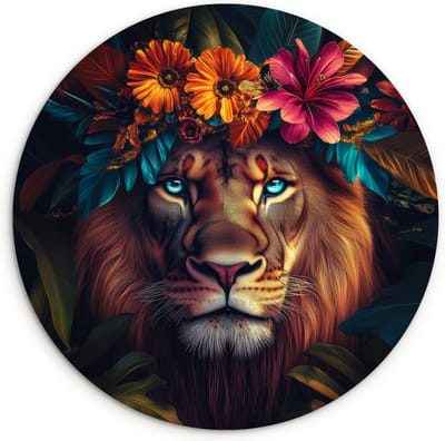 WallCircle® Wandcirkel 120x120 cm - Muurcirkel Leeuw - Bloemen - Bladeren - Dieren - Kleurrijk - Muurdecoratie woonkamer - Wanddecoratie slaapkamer - Kamer decoratie accessoires - Ronde schilderijen XXL