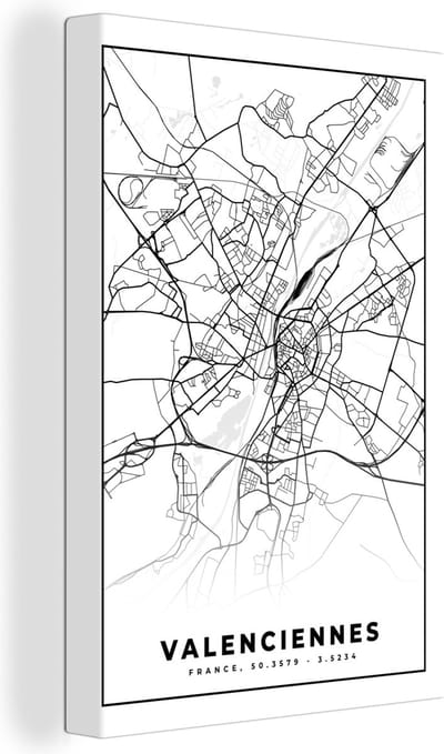 Canvas Schilderij Valenciennes - Frankrijk - Kaart - Plattegrond - Stadskaart - Zwart wit - 20x30 cm - Wanddecoratie