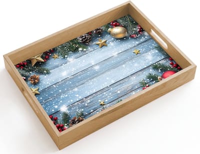 Dienblad hout 40x30 cm - Schootdienblad - Kerstomlijsting - Sneeuw - Meerkleurig - Borrelplank rechthoek - Plateau dienbladen