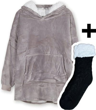 Zoem - Fleece deken met mouwen Grijs - inclusief fleece sokken - combi deal - fleece plaid - sweater - 280 gsm - trui - Snuggle Hoodie - Oversized fleece - wintertrui
