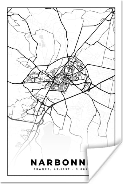 Poster Plattegrond - Narbonne - Kaart - Frankrijk - Stadskaart - Zwart wit - 120x180 cm XXL