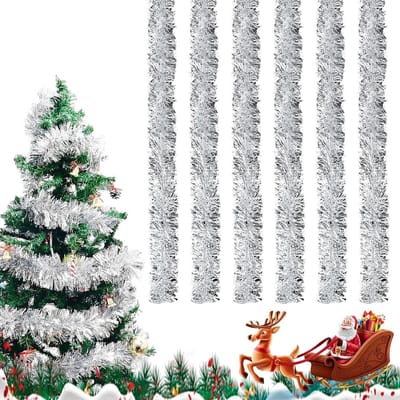 Mouldable Lametta voor Kerstdecoratie - 2 meter Shiny Tinsel in Zilver voor Bomen, Kransen en Versieringen - Set van 6 Stukken
