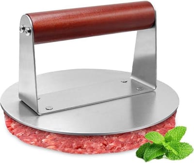 GELLDG Vleeshamers en vleesklopers - Smash Burgerpresse - 15,2x8,3cm - Houten handgreep, Rond metalen plaatje - Geschikt voor Grill, BBQ en Keuken - Edelstalen vleespers voor smakelijke burgers - Duurzaam en gemakkelijk schoon te maken