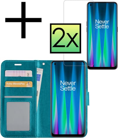 Hoesje - Met 2x Screenprotector - Geschikt voor OnePlus Nord CE 2 Lite - Luxe Pasjeshouder - Bookcase Portemonee - Flip Case - Kunstleer Book Case - Flipcase Hoes - Book Cover - Walletcase - Portemonneehoes - Turquoise