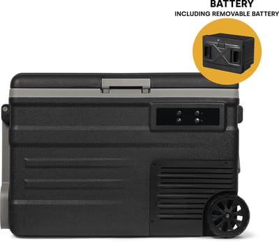 Steamy-E Single Zone Roller Elektrische Compressor Koelbox Op Wielen - Single Zone - 45 liter - 12V en 230V - Incl. uitneembare accu!- voor auto en camping - Zwart