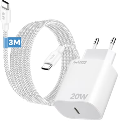 20w oplader met usb C poort met usb C kabel 3 meter gevlochten wit - Usb C naar usb C - Snellader
